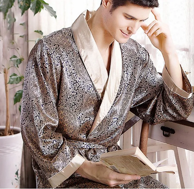 Robe masculino camisola de cetim kimono roupão de banho casual