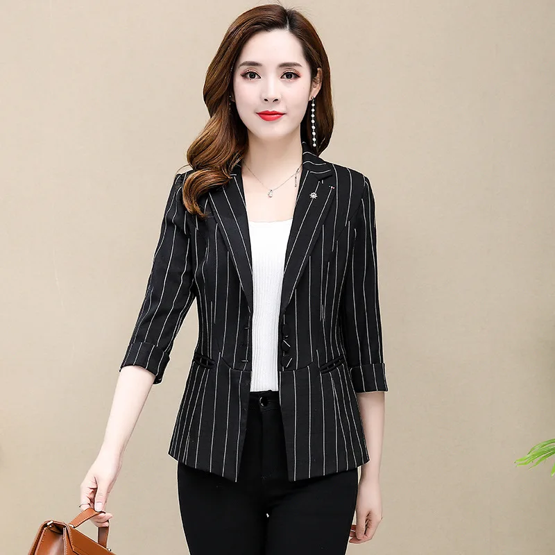 

Three-quarter-length Sleeve Stripes Suit Jacket Women's 2019 Autumn Korean-style Slim Fit Slimming Short One-Button Online Celeb