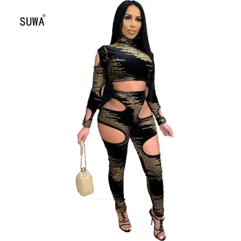 

Gold Black 2 Piece Set Wholesale Spring Hot Sale Streetwear Women High Collar Hollow-Out Short Tee Top Leggings Tracksuit