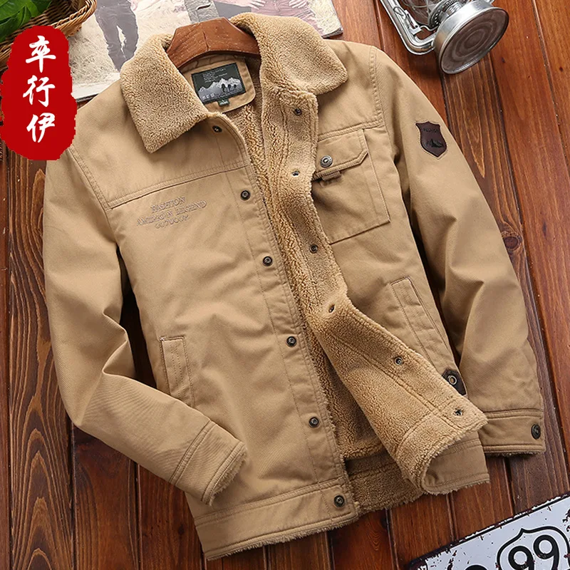 

Autumn And Winter New Style Brushed And Thick Fold-down Collar Uniform Air Force One Jacket Cotton Coat Men's