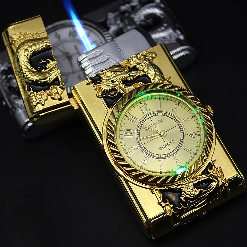 

Luxurious Jet Torch Lighter Gold Watch Turbo Gas Windproof Lighter Cigar Cigarette Metal LED Lighter Inflated Gasoline Butane