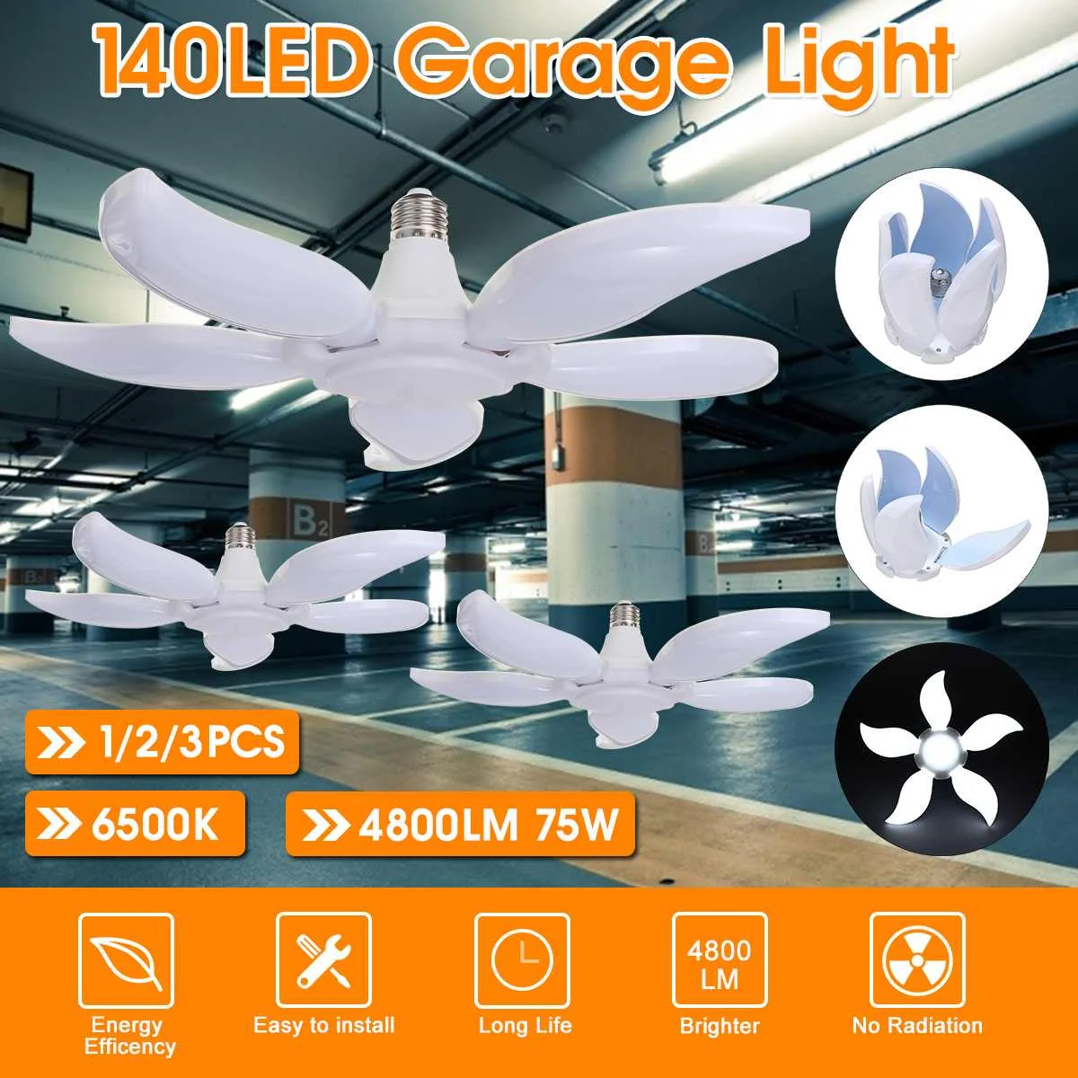

2Pcs 75W LED Garage Light Petal Lamp E27Colorful Workshop Ceiling Lights Industrial Lighting Workshop Lamp Deformable Light