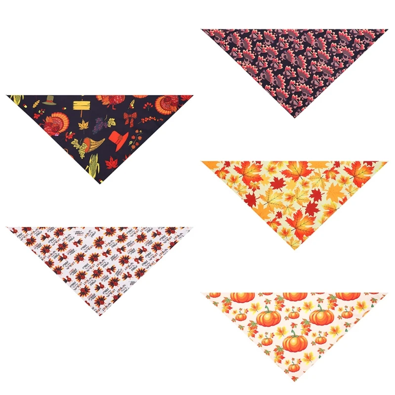 

5 Pcs Thanksgiving Element Print Washable Dog Triangle Bibs Pet Kerchief Scarf for Small Medium Dogs Puppy Festive Decoration Da