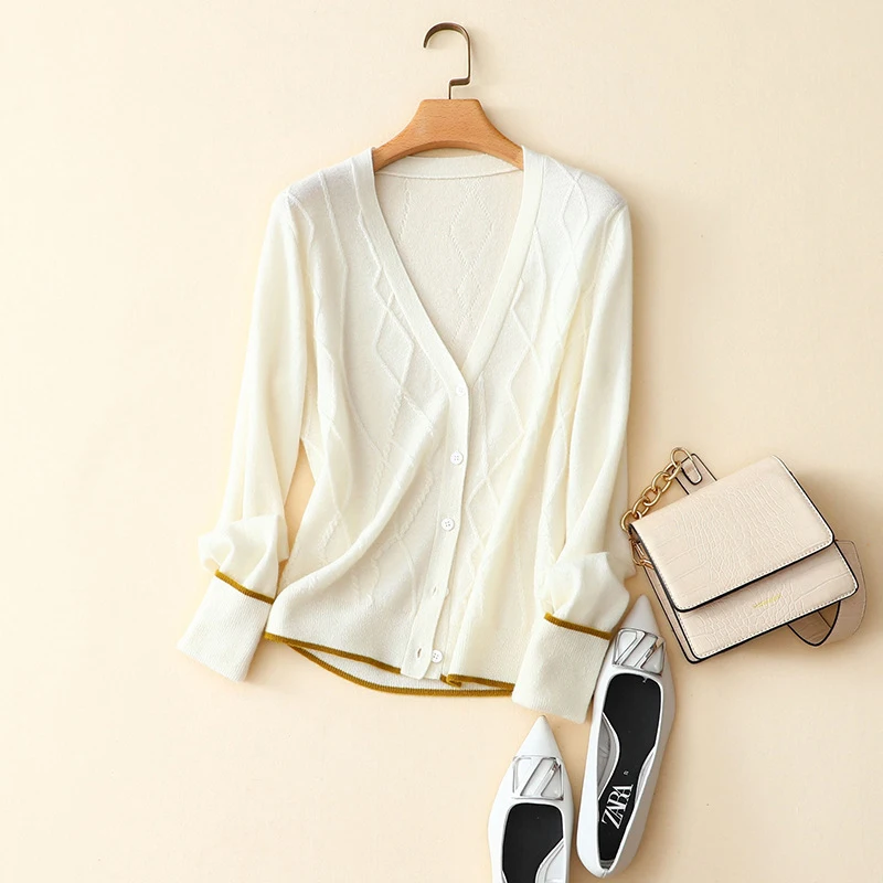 Осенне зимний Новый стильный белый кардиган с v образным вырезом Женский вязаный