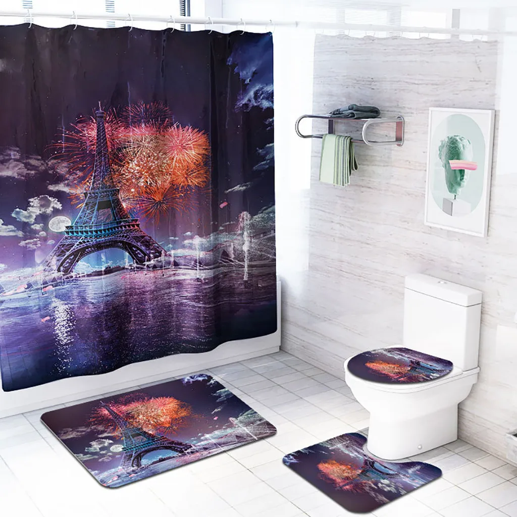 

4PCS Paris Night Scene Pattern Non Slip Toilet Polyester Cover Mat Set Bath Rug Mat Set Bathroom Accessories Shower Curtain Set