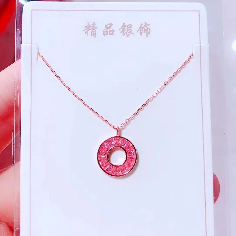 red OMHXZJ,, XR186, Европейская мода, для женщин, девушек, для вечеринки, дня рождения, свадьбы, подарок, Пончик, циркон, 925 пробы, серебряное ожерелье - Цвет камня: red