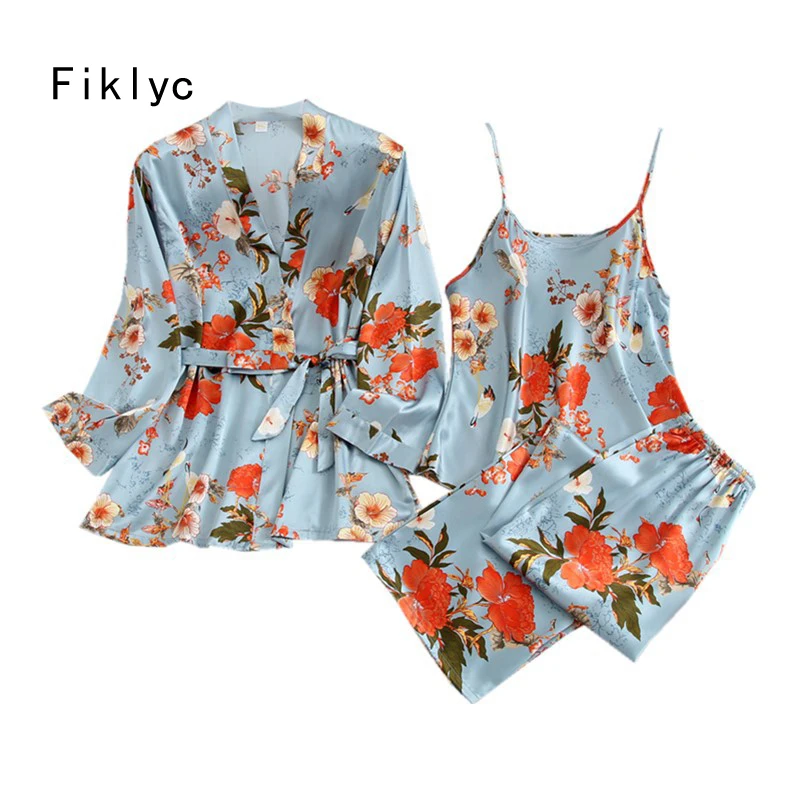 

Fiklyc underwear autumen women pajamas sets with pants sexy pyjama satin flower print nightwear silk negligee sleepwear pyjama