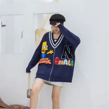 

Women's large size knit sweater fat mm fashion wild cardigan V-neck striped letters cartoon pattern knit sweater