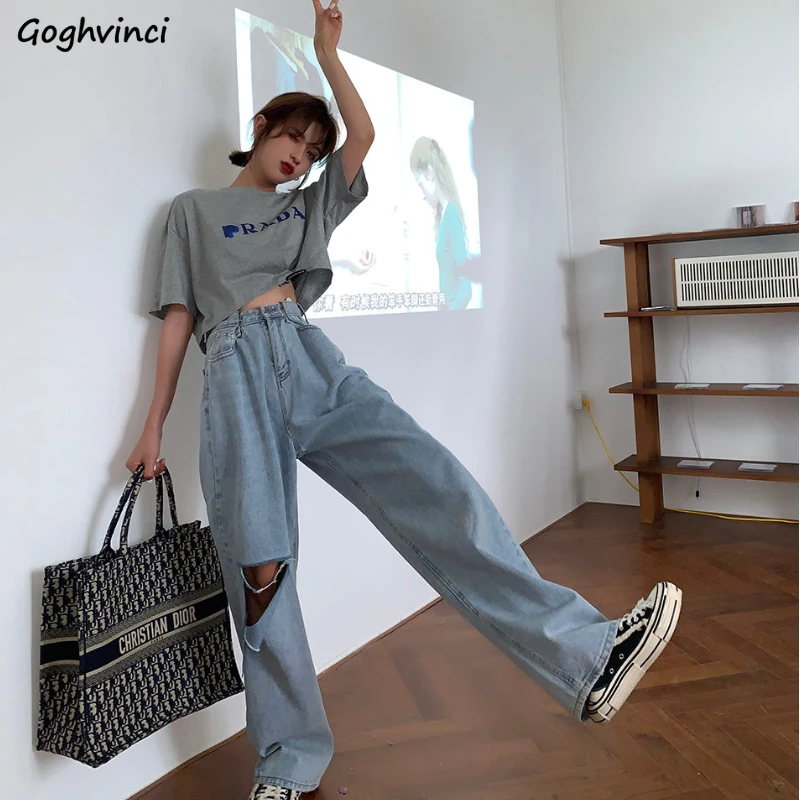 Jeans Women Hole Wide Leg Denim Loose 