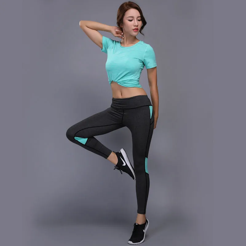 Однотонная женская сексуальная одежда для спорта, йоги, набор спортивной одежды для фитнеса, спортивная одежда с короткими рукавами+ штаны из хорошей ткани - Цвет: 1