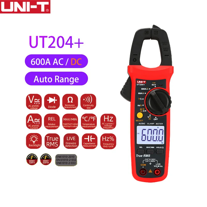 UNI-T LED Digital Display High Precision Clamp Meter Capacitance Frequency Current Voltage MAX/MIN Tester UT204+ Series Meter