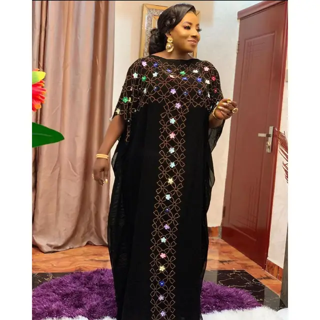 2020 New Chiffon Long Stick Diamond Free Size Sequin Dress For African Lady 2