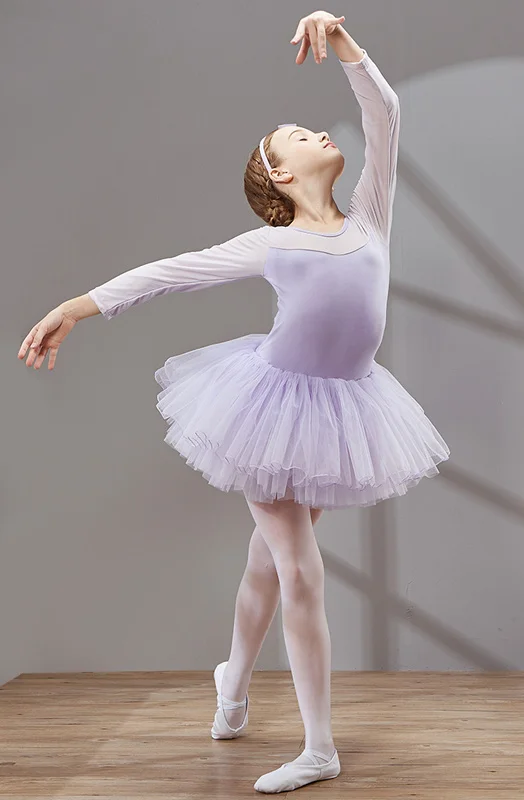 Combed Cotton Ballet Dress Dance Dress Tutu Ballet for Girls Kids Children High Quality Ballerina Long Sleeves Tulle Dance