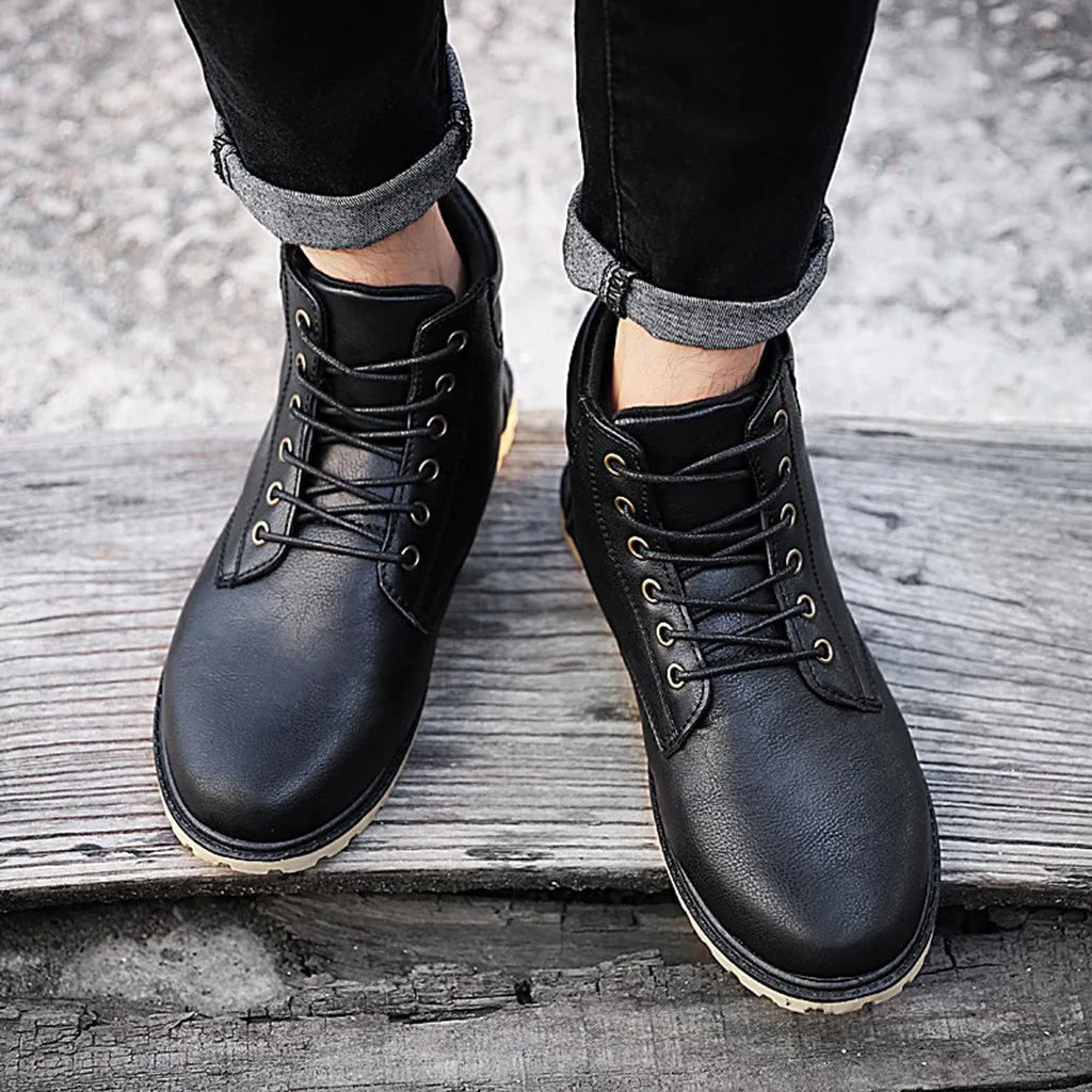 Low-heel Lace-up Men's Casual Lace Up Warm Ankle Motorcycle Boots Round Toe Outdoor Leather Male Student Shoes Zapatos De Hombre