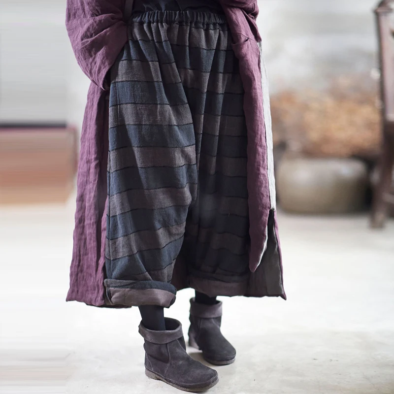Johnature 2020 New Cotton Linen Elastic Mid Waist Loose Vintage Full Length Pants Striped Casual Women Wide Leg | Женская одежда