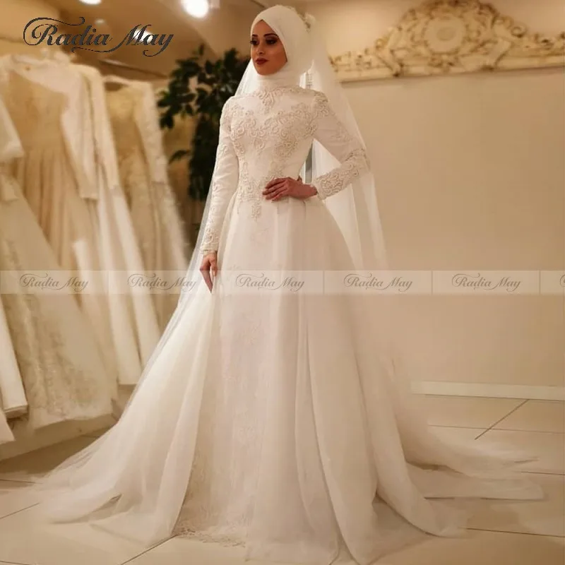 2020 Arabic Lace Long Sleeve Dubai Wedding Dress With Hijab Muslim Bridal Gowns Appliques Detachable Train Gown Islamic | Свадьбы и
