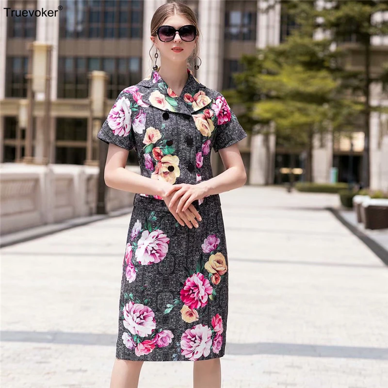 

Truevoker Designer Two Pieces Sets Women's Short Sleeves Vintage Peony Floral Printed Jacket With Pencil Skirt Sets Suits