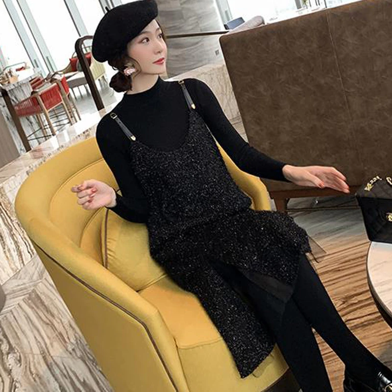 y otoño embarazada traje vestido para mujer negro Elegante ropa de maternidad conjunto manga larga Tops + de malla vestido trajes|Conjuntos maternales| - AliExpress