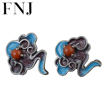 

FNJ Lucky Cloud Earrings 925 Silver Original Pure S925 Sterling Silver Stud Earring Women Jewelry Red Agate Rubby