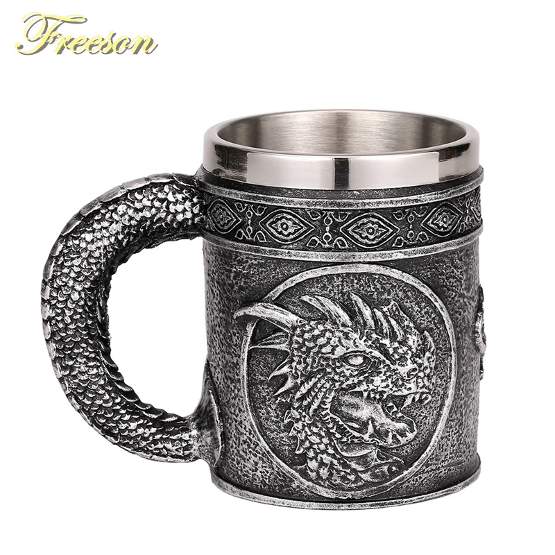

Silver Evil Dragon Resin Stainless Steel Beer Mug 450ml Retro Tankard Horrible Coffee Cup Viking Tea Mug Pub Bar Decor Drop Ship