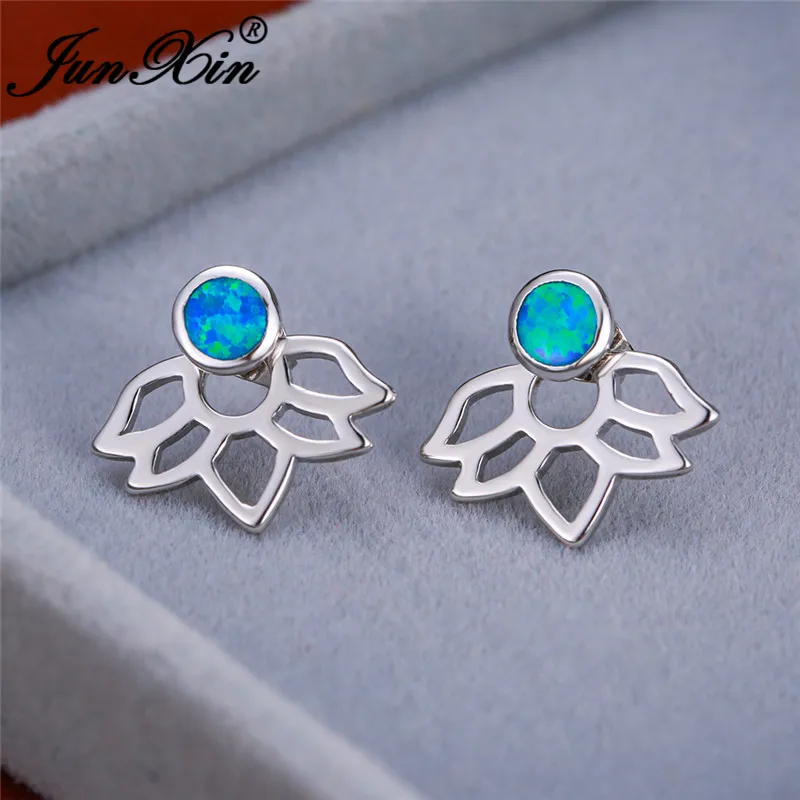 

Cute Flower Lotus Stud Earrings 925 Silver Rose Gold Round Blue Fire Opal Earrings For Women Wedding Engagement Ear Jewelry Gift