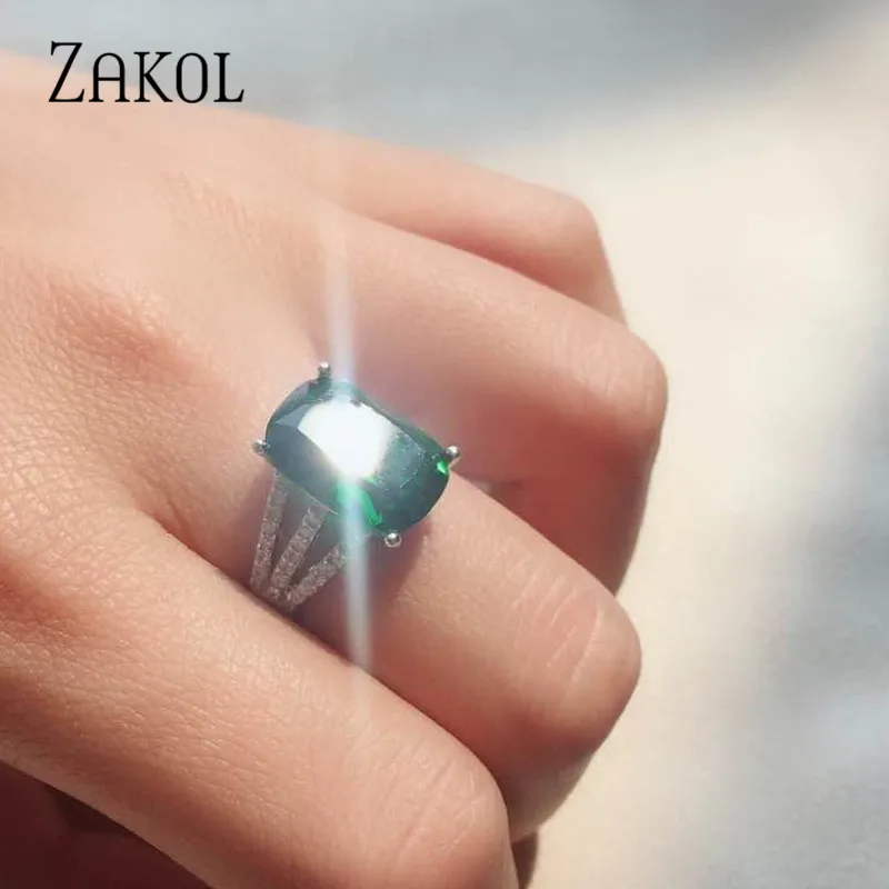 ZAKOL, классическое кольцо с цирконием и кристаллами, большой зеленый квадрат, CZ камень, мощеное женское ювелирное изделие для невесты, свадебное вечернее платье FSRP2014