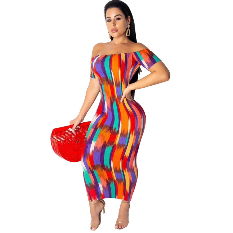 

Summer new hot women's tie-dyed printed dress fashion rainbow striped backless word collar dress sexy backless club party dress