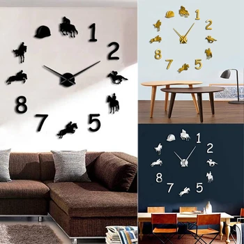 

Horse Riding 3D Watch Clock Living Room Quartz Acrylic Mirror Effect Home Decoration Wall Stickers