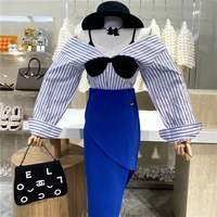 New Brand Original Design Vertical Stripe Sexy Off Shoulder Clavicle Shirt Fashion Color Matching Bra Fit Short Spice Girl Top