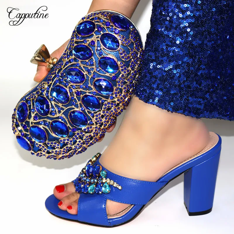 

Excellent royal blue African lady pumps with bag set latest shoes and purse handbag set 239-1 heel height 10cm