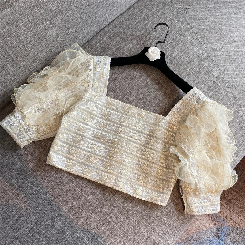 

Sexy Crop Top Ladies Tops 2020 Spring and Summer Princess Puff Sleeve Embroidery Flowers Short Midriff Tops Blouses Blusas