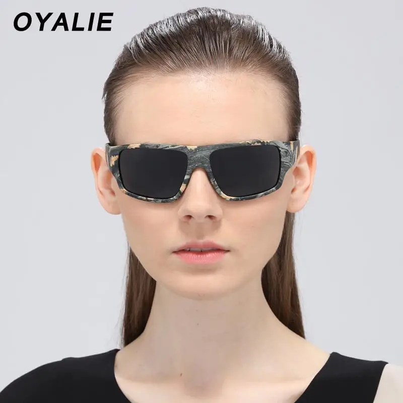 OYALIE поляризованные солнцезащитные очки с коробкой из искусственной кожи, подарок для мужчин и женщин, камуфляжная оправа, солнцезащитные очки для вождения, зеркальные очки Gafas UV400