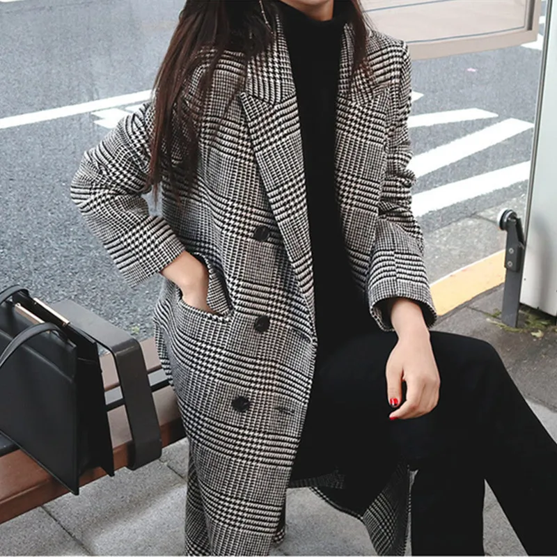 Photo Shoot Winter Korean-style Retro Thousands of Birds Suit Collar Overcoat Women's over-the-Knee Mid-length Slit-Back Woolen