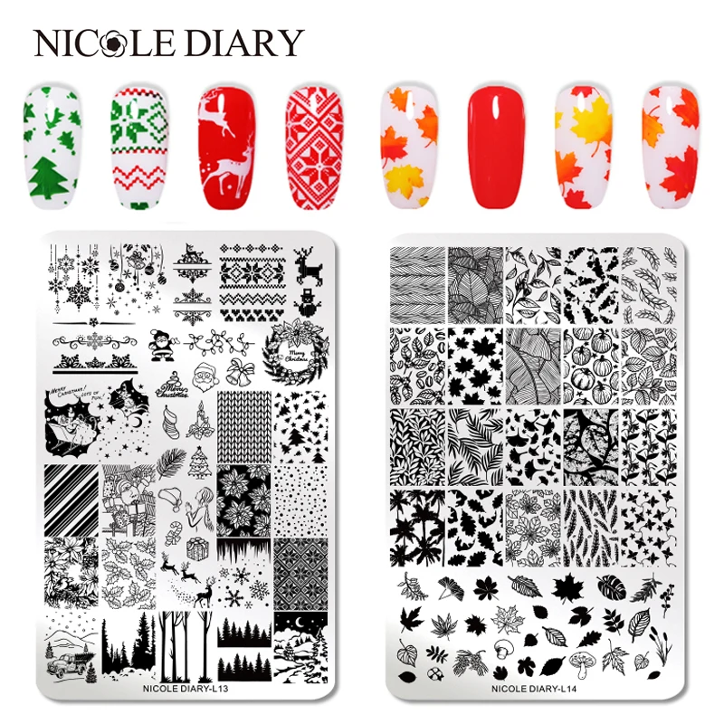 

NICOLE DIARY Christmas Stamping Plate Leaf Nail Stamping Image Plate Rose Feather Nail Art Stamp Template Stencil Nail