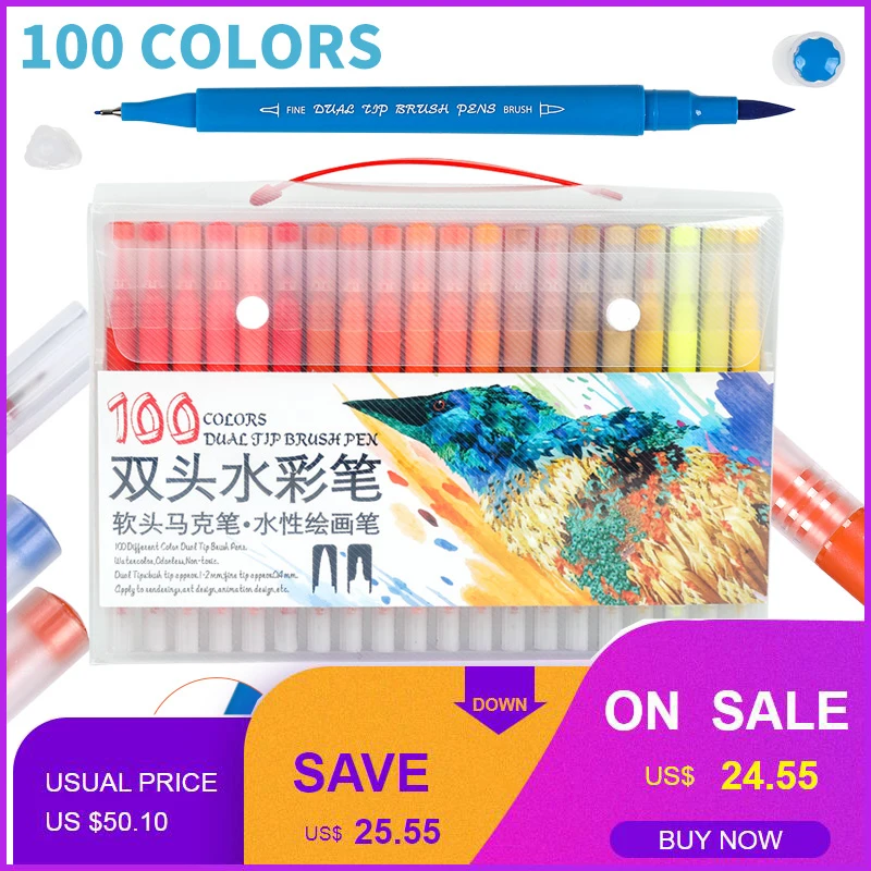 

12/24/36/48/60/72/100Color Dual Brush Marker Pen Fineliner Watercolor Drawing Marker for Coloring Books Calligraphy Art Supplies
