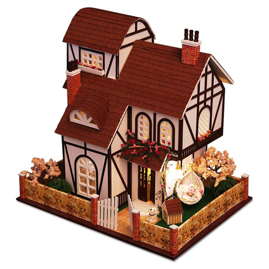 

Doll House DIY Creative Handmade Theme Wooden Cabin Assembly Building Model Toy Set With Light Music And Dust Cover -Flower Town