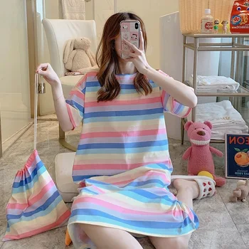 

Summer Printed Nightdress Women 2020 Sweet Loose Large Size Round Neck Leisure Breathable Cute High Quality Home Nightdress