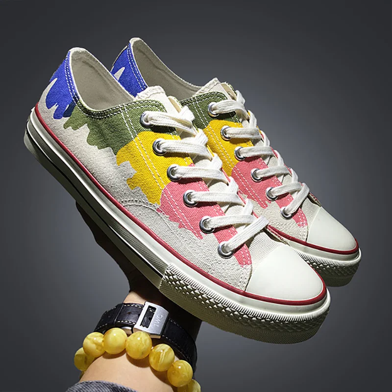 Модные вулканизированные кроссовки Мужские дышащие яркие парусиновые туфли на