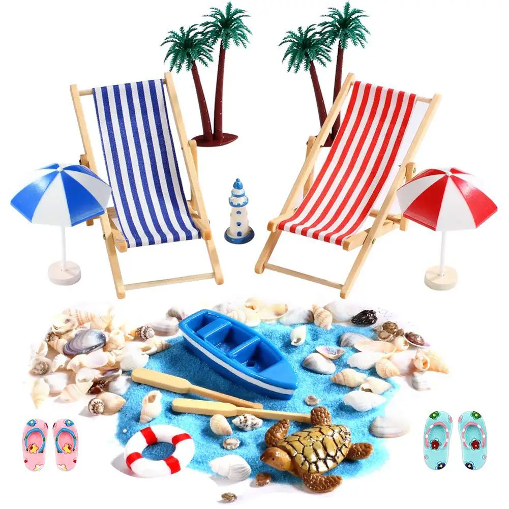 

Mini Lounge Chair Decor With Palm Beach Parasol Boat Blue Sand Dollhouse Decoration Beach Micro Kits Set For DIY Fairy Garden