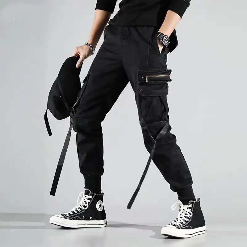 Мужские цветные черные брюки карго с лентами и карманами,, шаровары для бега, Харадзюку, спортивные штаны, брюки в стиле хип-хоп