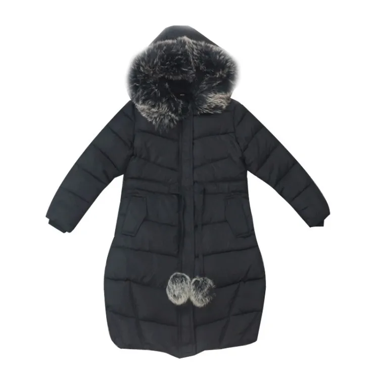 YK-21089Children одежда хлопковое пальто для девочек Новинка года; зимний утепленный Пуховик среднего размера с большим меховым воротником и помпонами