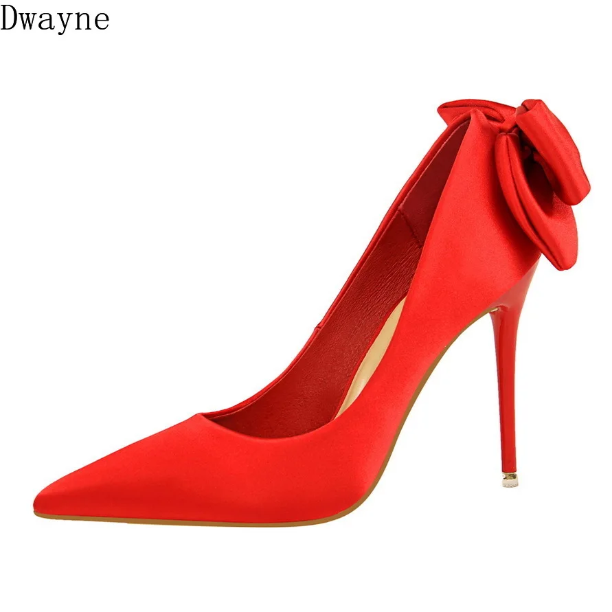 

2019 spring new satin bow single shoes female fashion slim thin with pointed shallow mouth high heels women