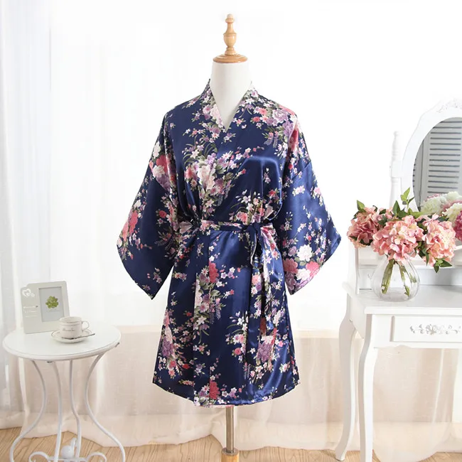 sakura-Navy Blue Шелковый Атласный халат для невесты, подружки невесты, Цветочный халат, Короткое Кимоно, ночная сорочка для женщин, один размер, подходит для S-XXL, ванной - Цвет: sakura-Navy Blue