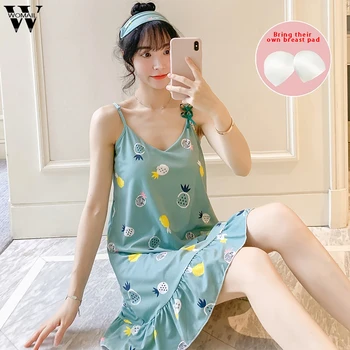 

2020 Fashion Ladies Summer Green Pineapple Print Sleepwear Sets Girls Sexy Sleeveless Sling Cute Lingerie Dress Nightwear