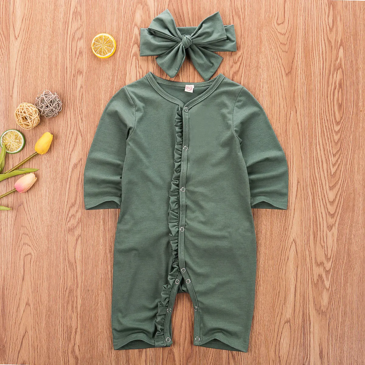 Emmababy Одежда для маленьких девочек и мальчиков однотонная Цвет с рюшами и длинными рукавами, Buttton Детский комбинезон с повязкой-бантом, комплект из 2 предметов, одежда