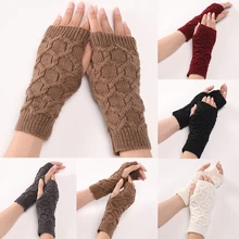 Knitted Woolen Gloves Women Winter Warm Arm Cover Sleeve Cold Protection Half Finger Gloves Female Solid Color Arm Sleeves