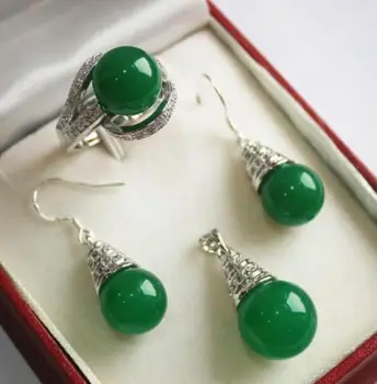 

Free Shipping popular New natural jade pendant earrings ring set green color