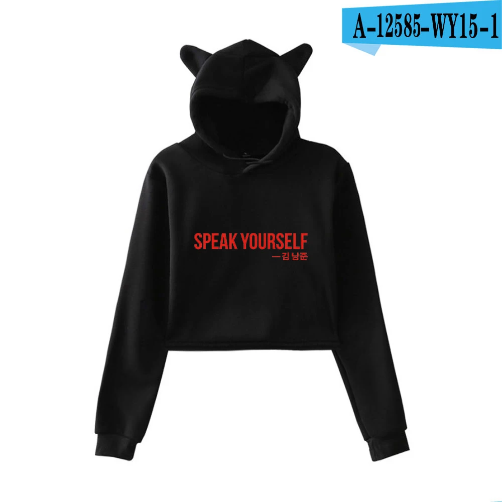 DIY Kpop Кепка с кошачьими ушками сексуальные толстовки модный тренд короткий кошачий Топ Женская толстовка с принтом сексуальная Горячая Kpop одежда BANGTAN - Цвет: black