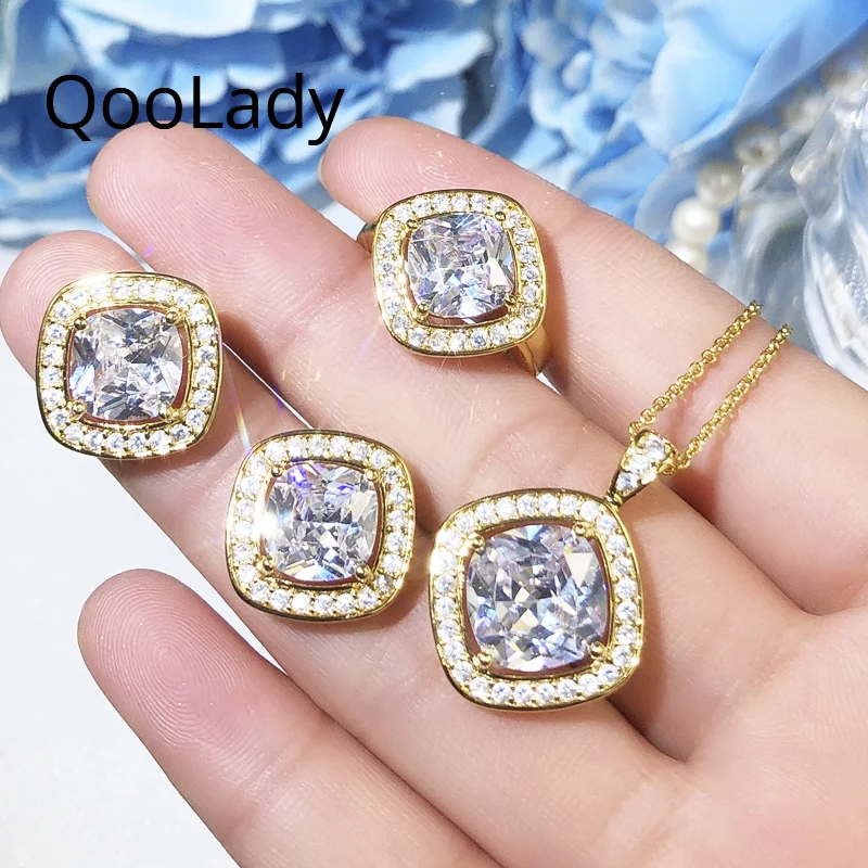 

QooLady New Designer Jewelry White Princess Cut Cubic Zircon Stone Gold Color Pendant Necklace Earring Ring Sets for Women S072