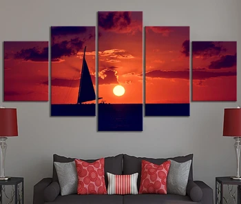 

Home Decor Modular Canvas Picture 5 Piece The Sailboat Sunset HD Natural Scenery Painting Poster Canvas Painting Wholesale